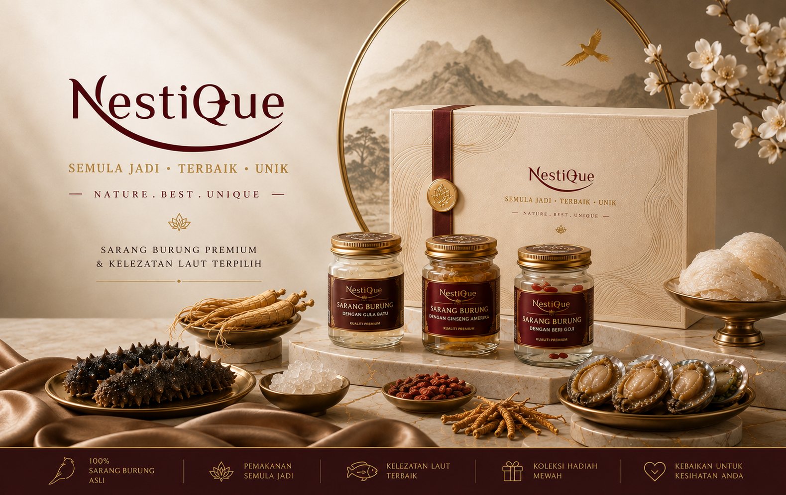 Nestique Sarang Burung premium bird's nest jars and gift box with sea cucumber, ginseng and abalone