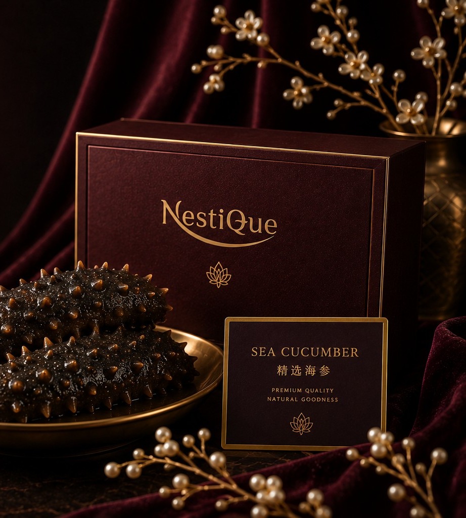 Two premium Nestique sea cucumbers on a brass plate beside a maroon gift box and red dates