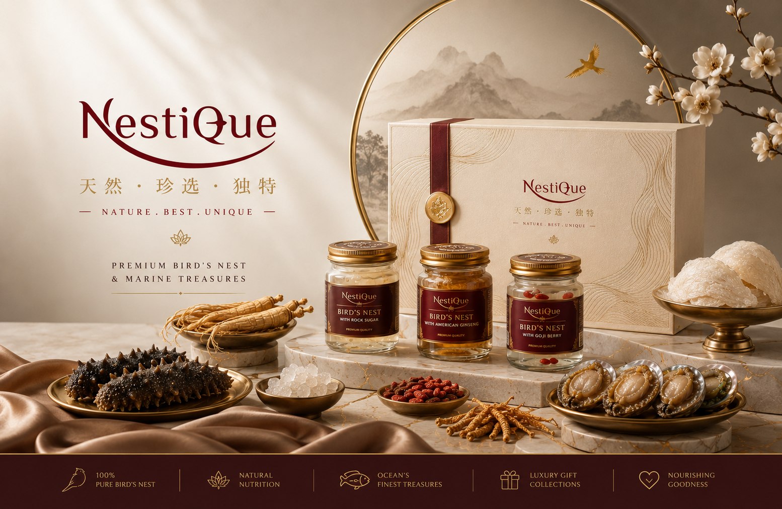 Nestique premium bird's nest and marine treasures presented with a cream gift box