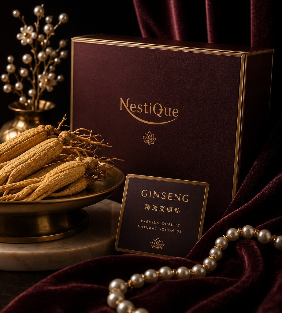 Nestique ginseng roots on a brass pedestal dish with sliced ginseng and goji berries