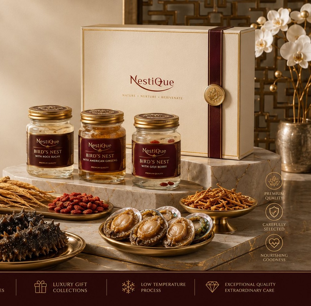 Nestique gift set on cream marble with abalone, sea cucumber, goji and cordyceps on gold plates
