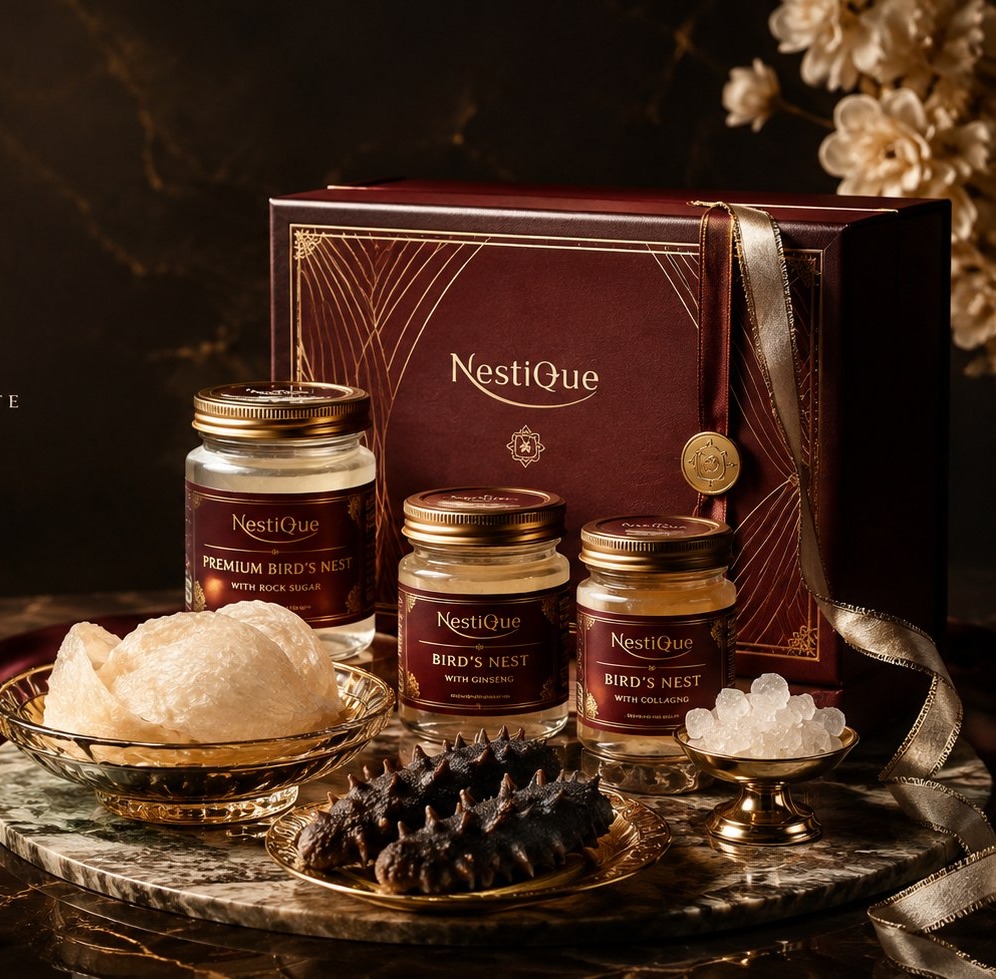 Nestique maroon bird's nest gift box with three glass jars, raw nest and sea cucumber on dark marble