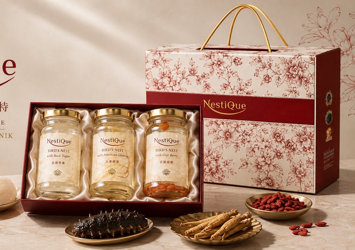 Warm bird's nest tonic in a gold-rimmed porcelain bowl on maroon cloth