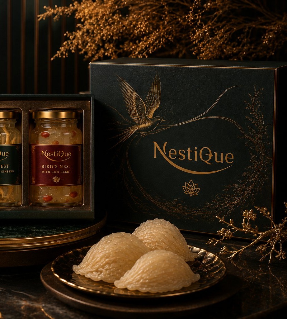 Nestique three-jar presentation case with raw bird's nest, ginseng and goji beside a dark green gift box